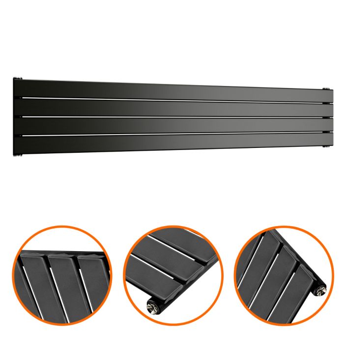 280mm x 1600mm Black Single Flat Panel Horizontal / Landscape Radiator