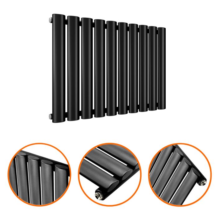 400 x 595mm Black Single Oval Tube Horizontal Radiator 